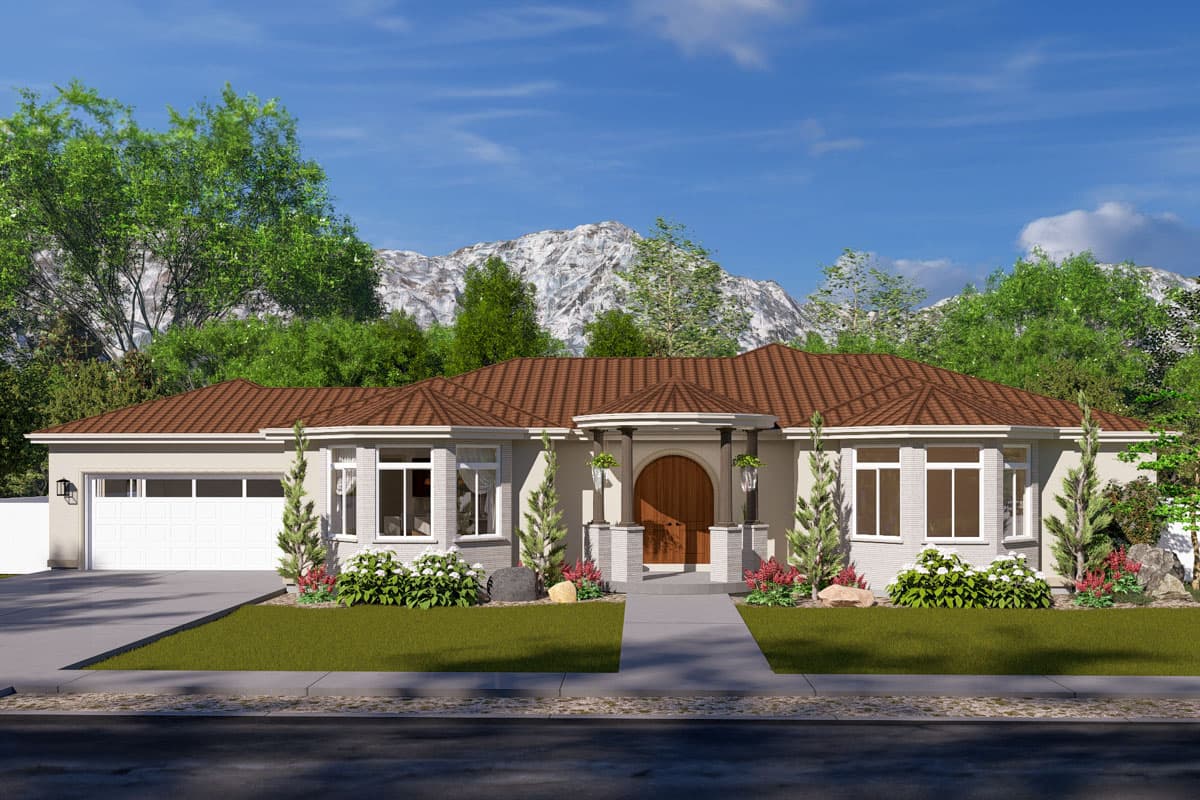 House plan exterior. Single-story with a low-pitched roof, portico entry, and attached garage. Includes several windows and minimal landscaping.