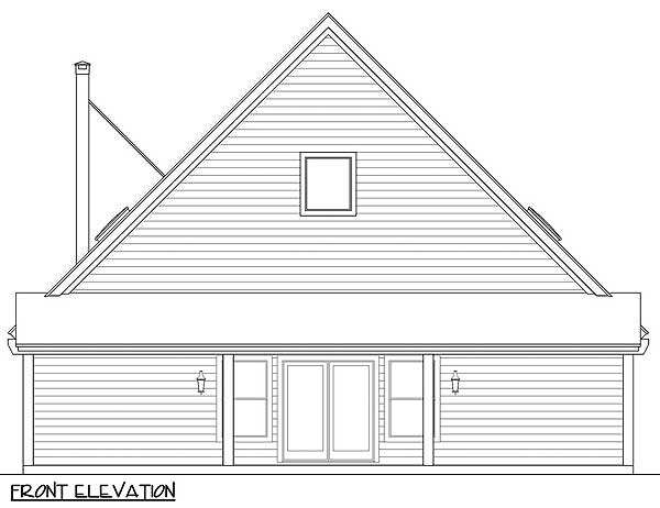 Front elevation house plan drawing with a prominent gable, double doors, and a chimney.