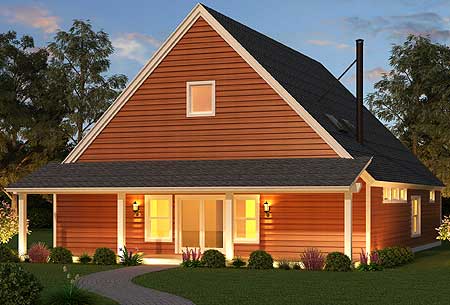 House plan exterior, 1.5 stories, with a prominent gable, front porch, and lap siding.