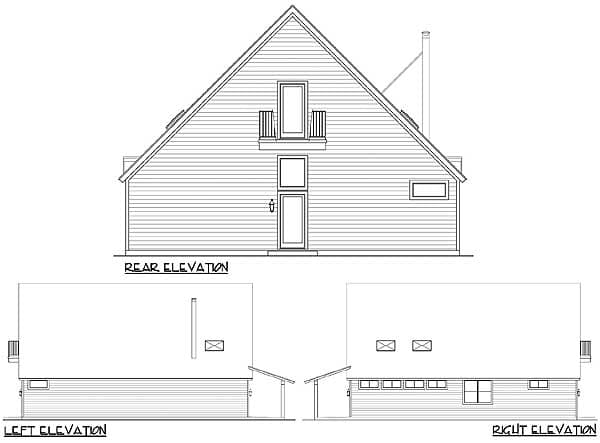 Architectural house plan elevations showing rear, left, and right views with gabled roofline, multiple windows, and doors.
