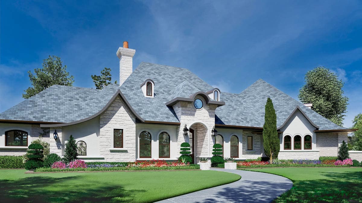 French Country style house plan exterior featuring stone facade, arched windows, curved rooflines, and dormers.