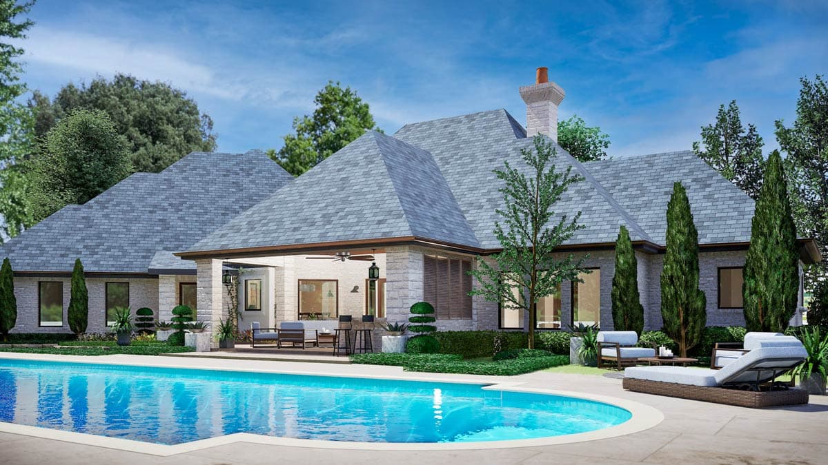 Plan 36438TX: Elegant French Country House Plan with Outdoor Lounge and 3-Car Angled Garage - Image #5 - European, French Country