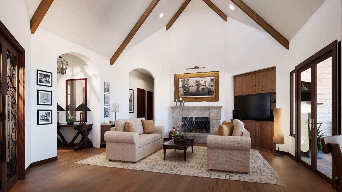 Plan 36438TX: Elegant French Country House Plan with Outdoor Lounge and 3-Car Angled Garage - Image #9 - European, French Country