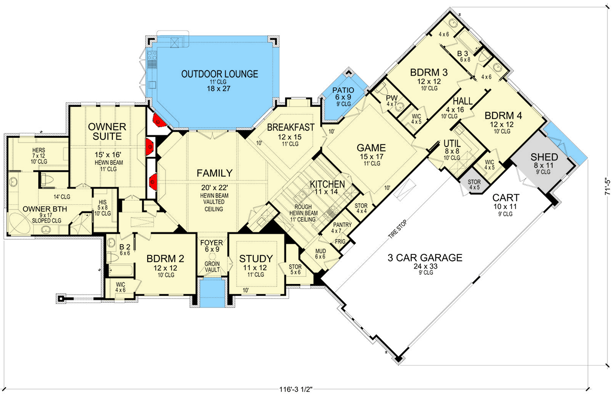 Plan 36438TX: Elegant French Country House Plan with Outdoor Lounge and 3-Car Angled Garage - Floor Plan - Main Level - European, French Country