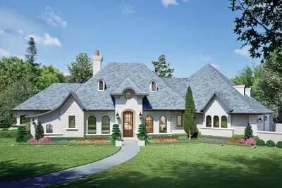 Elegant French Country House Plan with Outdoor Lounge and 3-Car Angled Garage