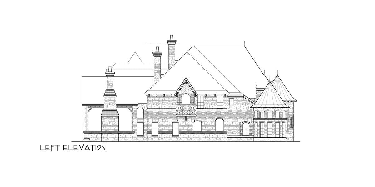 Left elevation house plan showing stone exterior, multiple gables, dormers, turrets, and prominent chimneys.