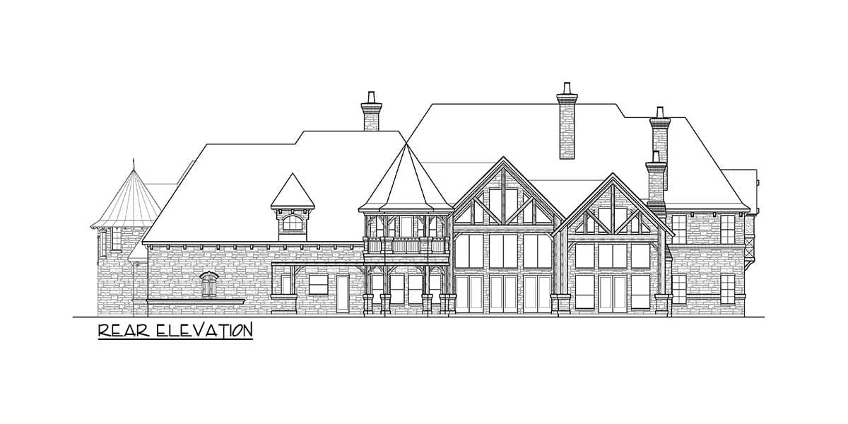 Rear elevation drawing of a large house with stone exterior, multiple gables, dormers, chimneys, and a turret.