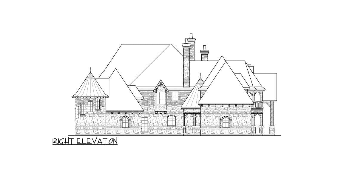 Right elevation drawing of a multi-story house plan with stone exterior, multiple gables, turrets, and chimneys.