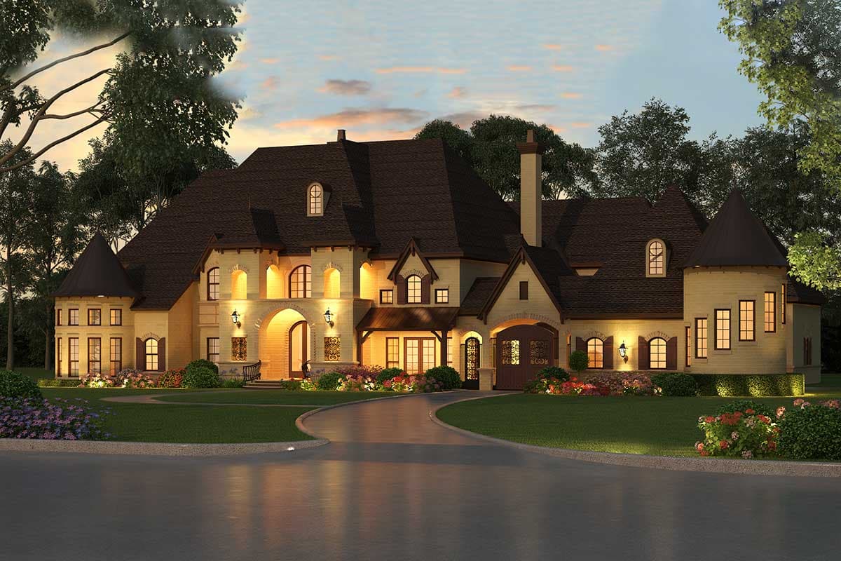 House plan exterior. Two-story French style home with arched entryway, dormers, and turret. Driveway curves to front entrance.