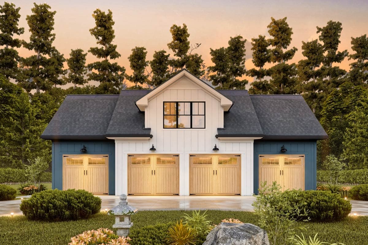 Exterior of a modern garage with white and blue accents, wood garage doors, and a small garden.