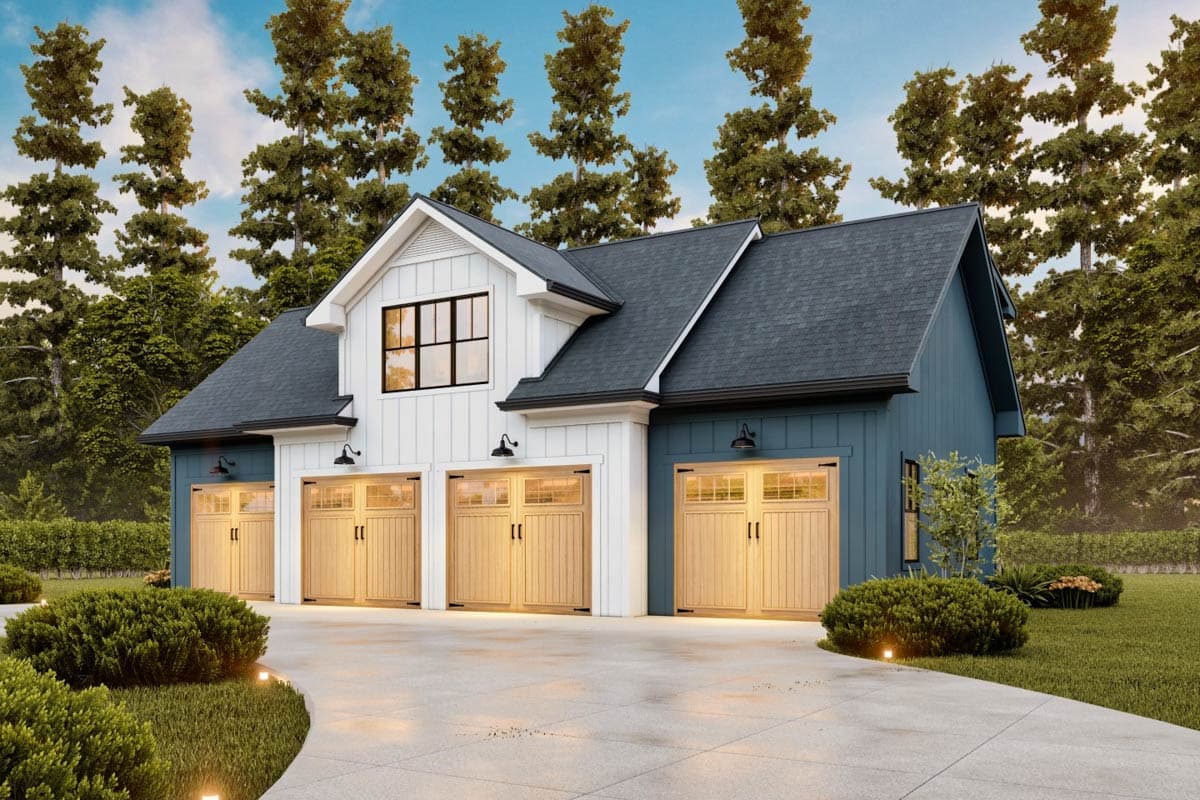 Exterior view of a modern farmhouse garage with three bays, wooden doors, and blue and white siding, surrounded by trees.