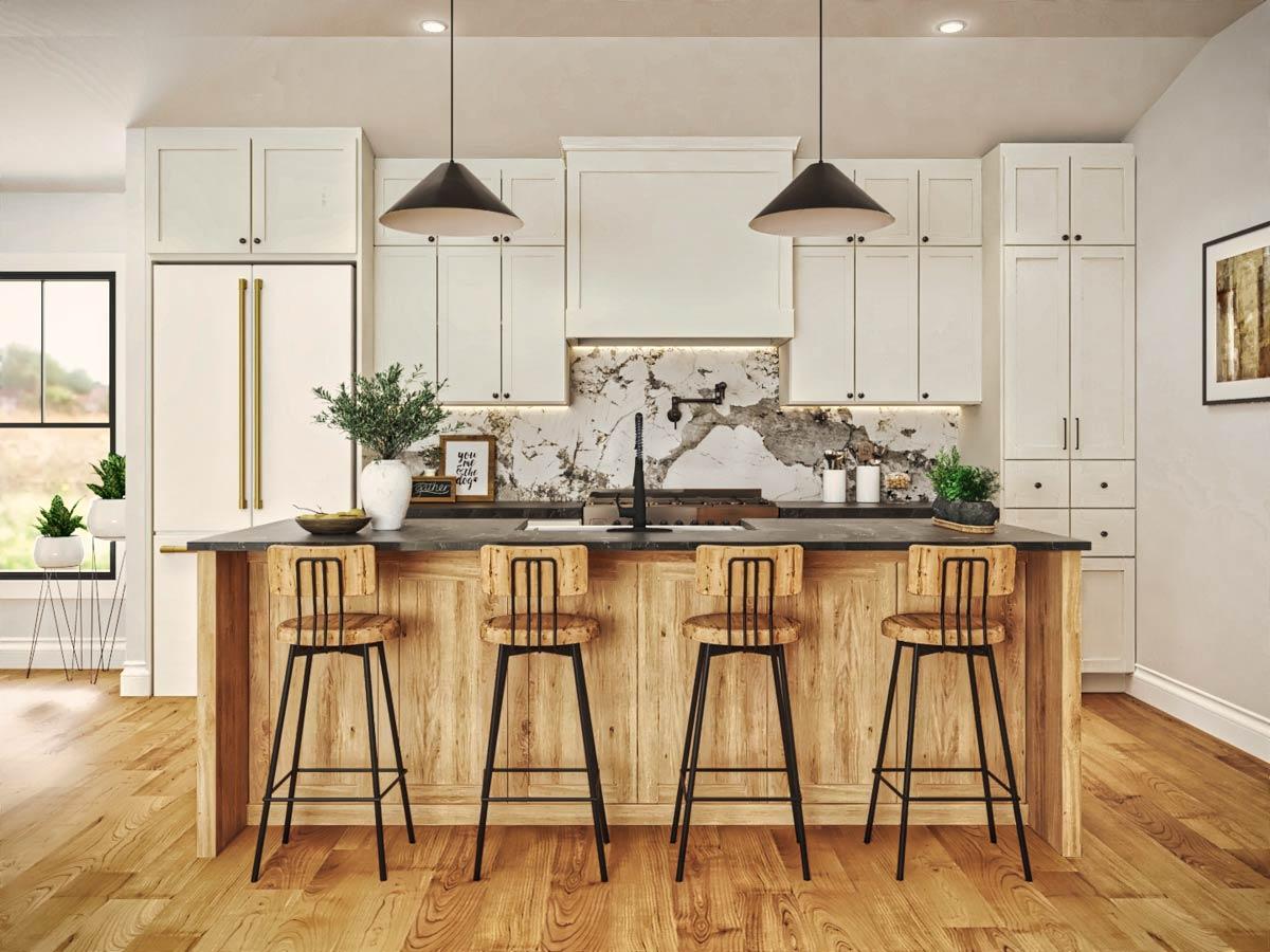 Modern kitchen with white cabinets, wooden island with bar stools, and black pendant lights.