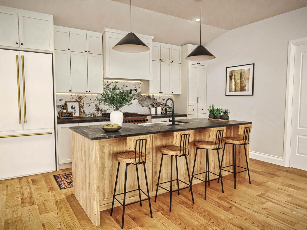 Modern kitchen with white cabinets, wooden island with bar stools, and black pendant lights.  Hardwood floors complete the aesthetic.