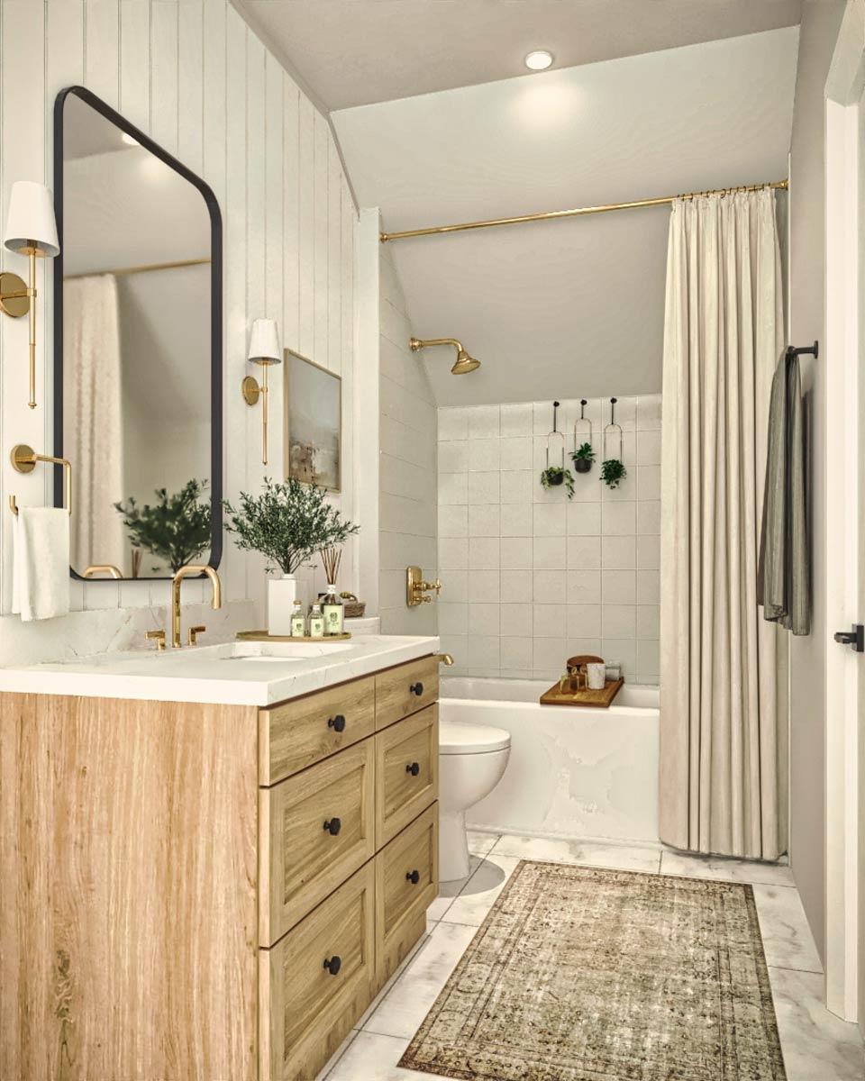 Elegant bathroom design with a wooden vanity, a large mirror, and a shower area with plants.