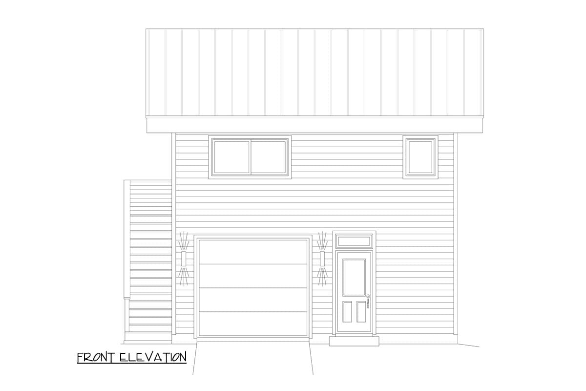 Front elevation drawing shows a two-story house plan with a metal roof, single garage door, and paneled front door.