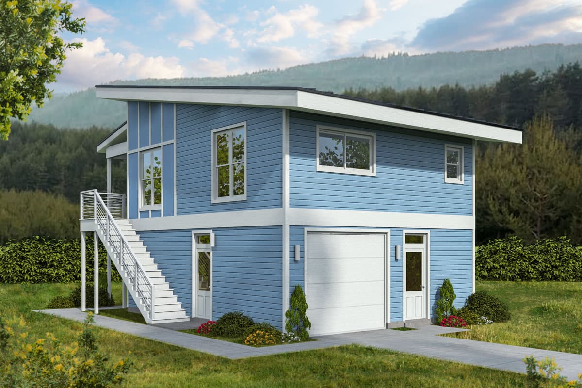 House plan exterior. Two-story home with a flat roof. Features include an elevated stairway, a single-car garage, and large windows. Siding is blue.