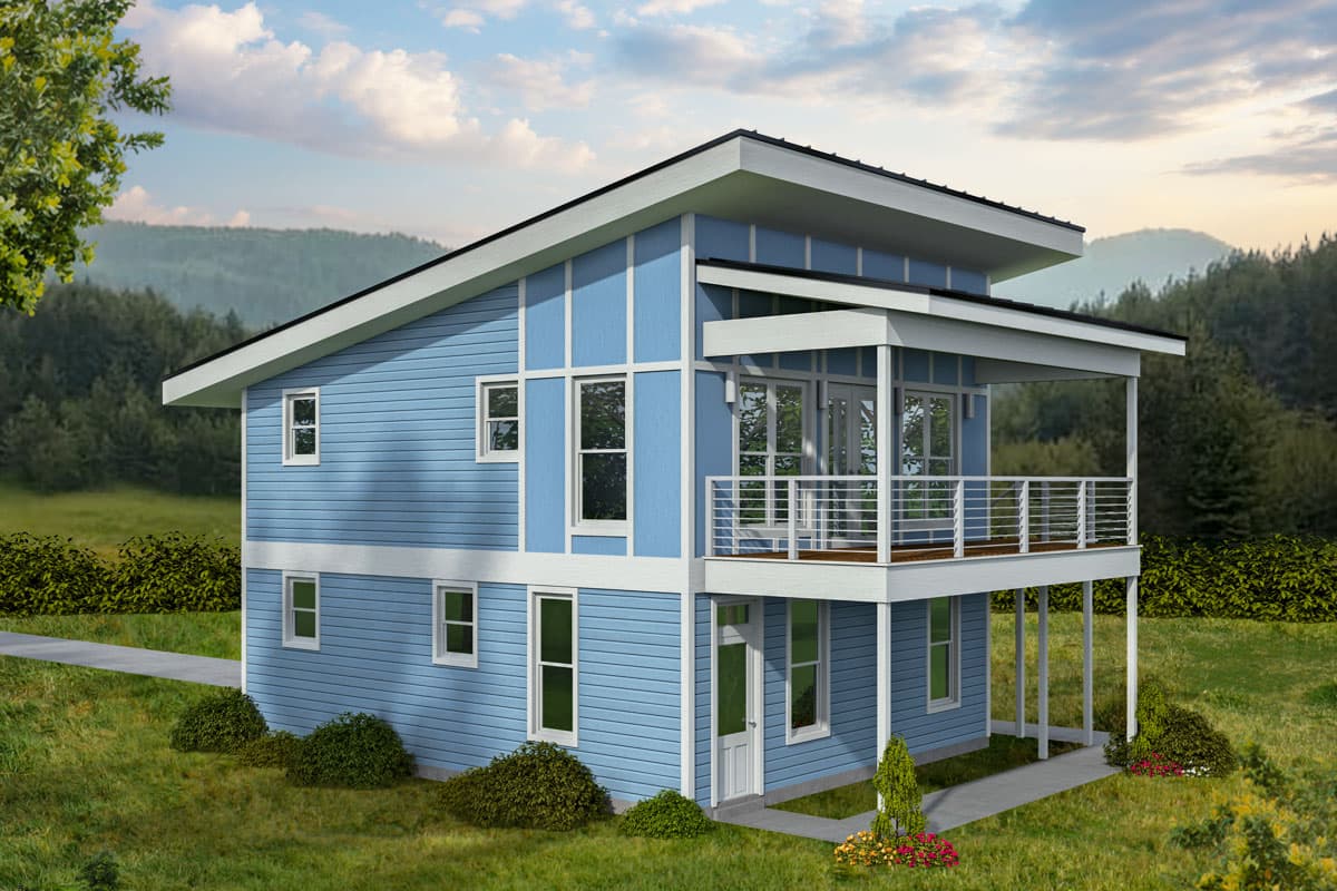 Modern two-story house plan exterior with blue horizontal siding, large upper balcony, and a pitched roof.