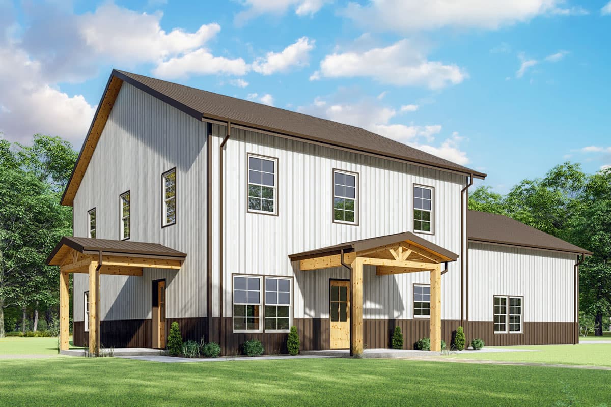 House plan exterior with two stories and gabled roof. Features include a covered porch with exposed beams and a vertically-paneled facade.