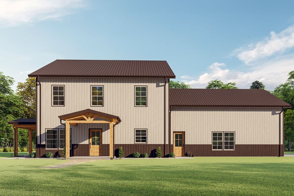 House plan exterior: Two-story structure with a visible upper gable, prominent wooden-trussed entry porch, and attached single-story section.