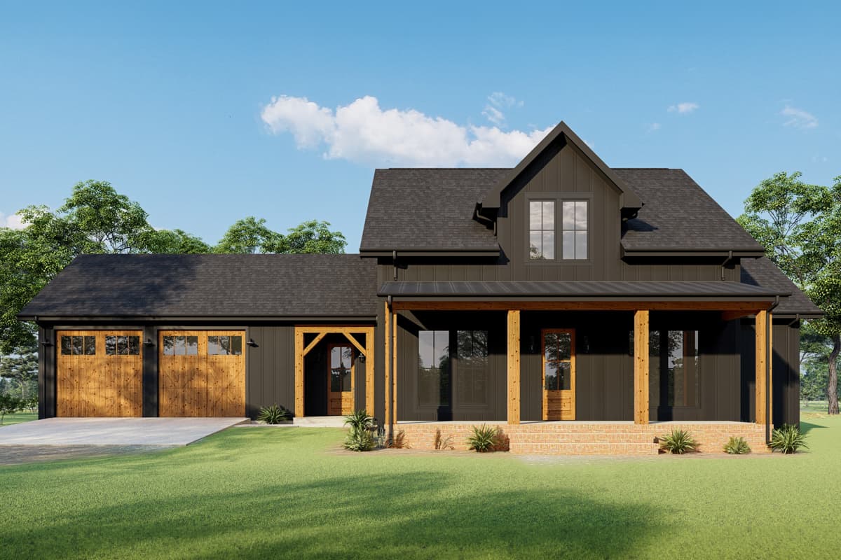 House plan exterior. Modern Farmhouse style with two stories, a front porch, a gable roof, and attached garage with wood doors.