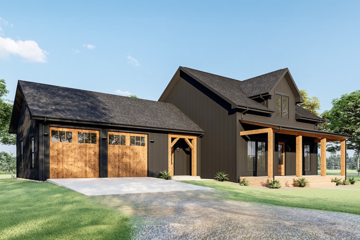 Modern Farmhouse house plan exterior with a two-car garage, gabled dormer, and exposed wood beam porch.