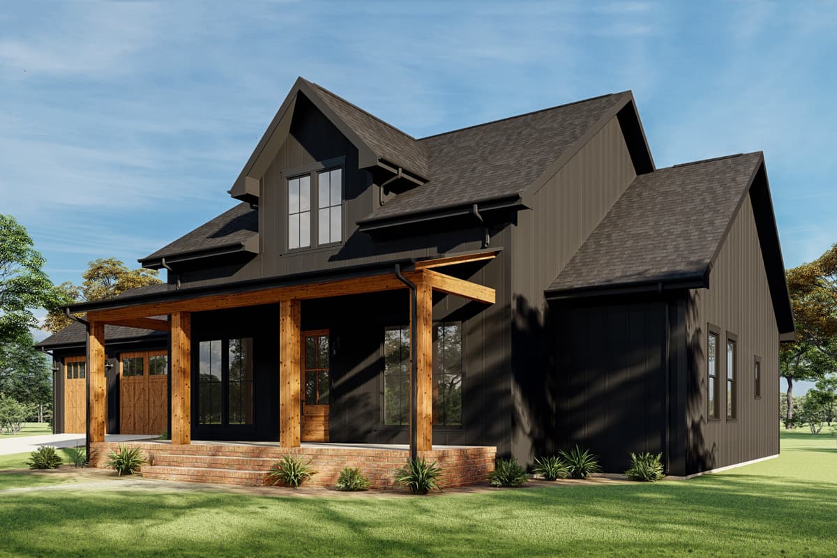 Modern Farmhouse house plan exterior with a covered porch, gabled dormers, and a side-entry garage with wood doors.