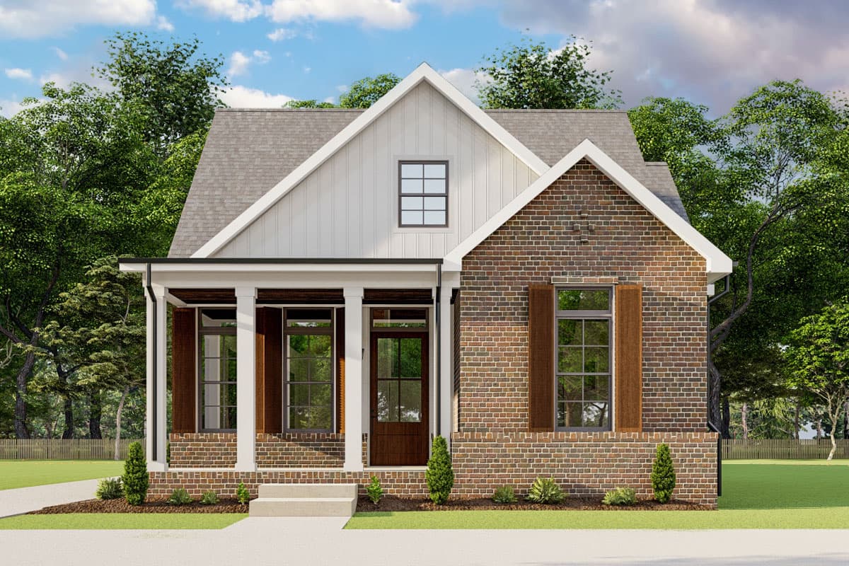 House plan exterior. Farmhouse style with a gabled roof, brick facade, and front porch supported by columns. The home is one story.