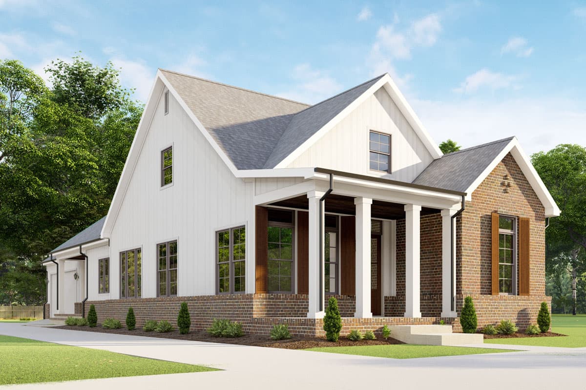 Modern Farmhouse house plan exterior with white board-and-batten siding, brick foundation, and a covered front porch with white columns.