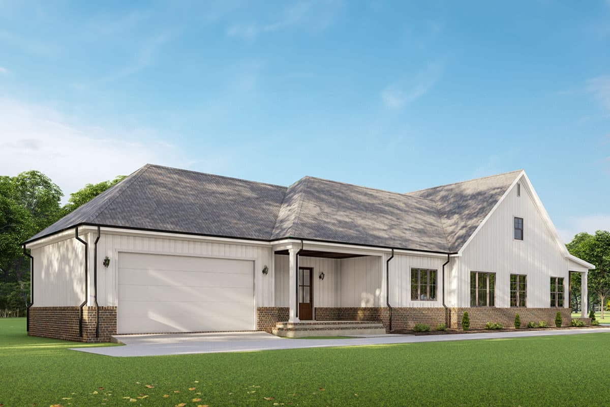 Modern Farmhouse house plan exterior with attached garage, gable, and covered front porch.