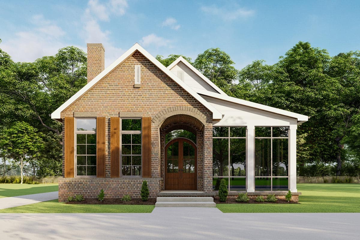 House plan exterior with brick facade, arched entryway, gabled roof, and large windows. Includes a chimney and shutters.