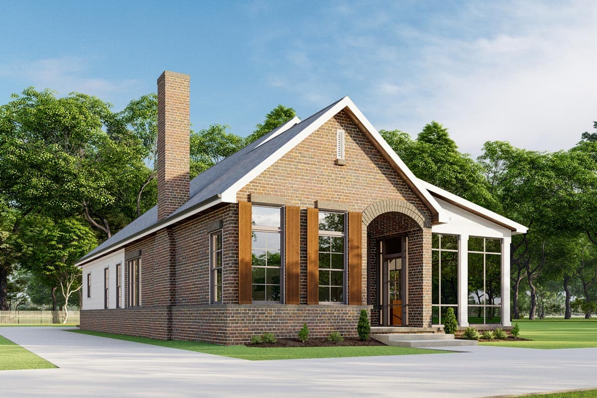 House plan exterior: brick one-story home with prominent chimney, gabled roof, arched entry, and screened porch.
