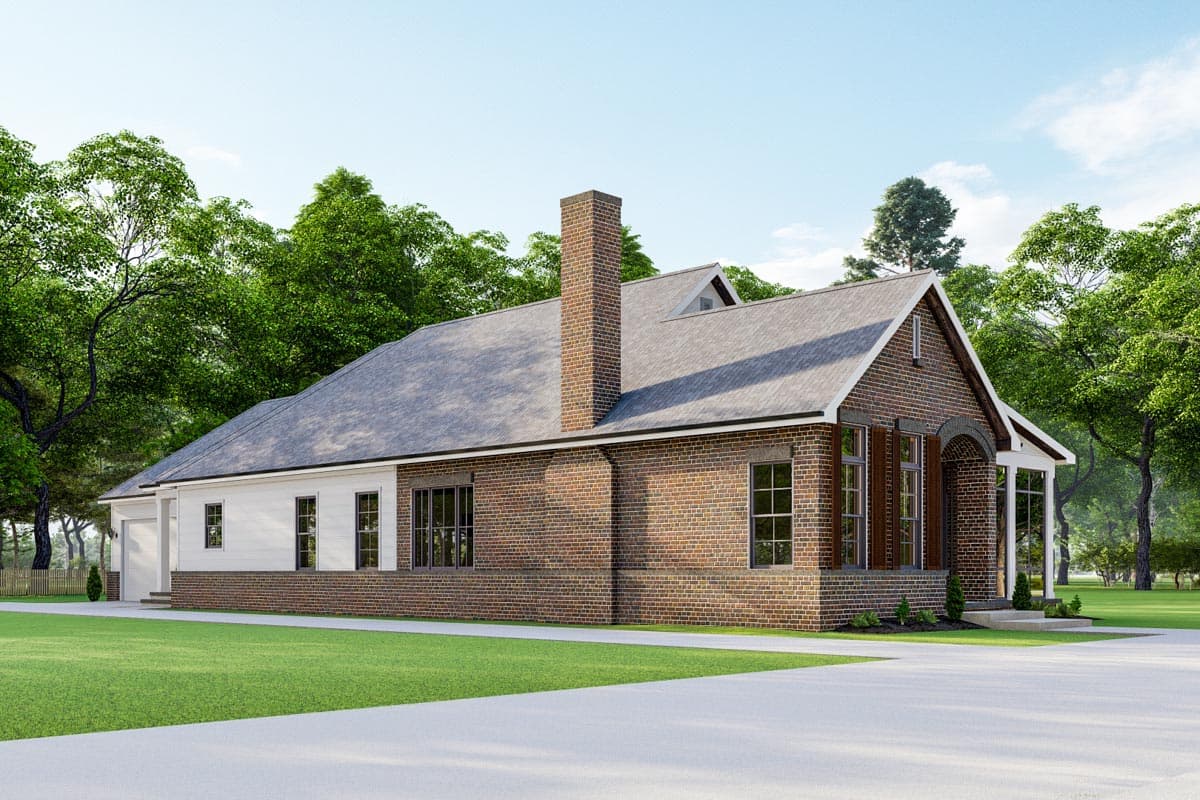 House plan exterior: one-story brick and siding residence with prominent chimney, gabled roof, and covered entry.