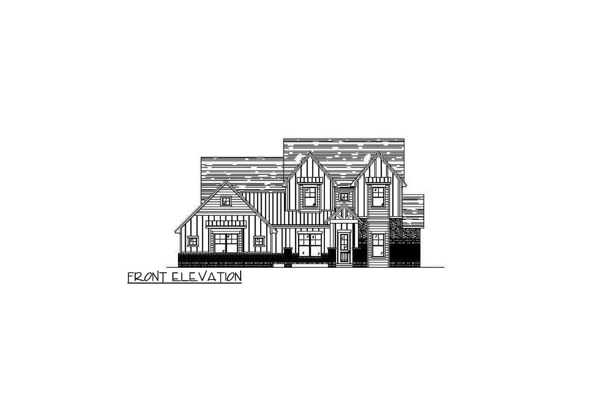 Front elevation house plan with multiple gables, board and batten siding, and a covered front porch.