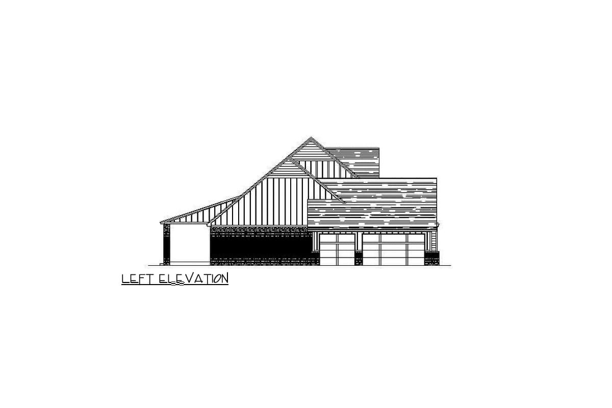 Left elevation house plan drawing showing a multi-story home with a pitched roof, varied siding, and a three-car garage.