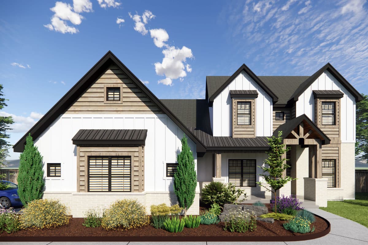 House plan exterior: Modern Farmhouse style, two stories, with gables, dormers, and a covered entry with exposed beams.
