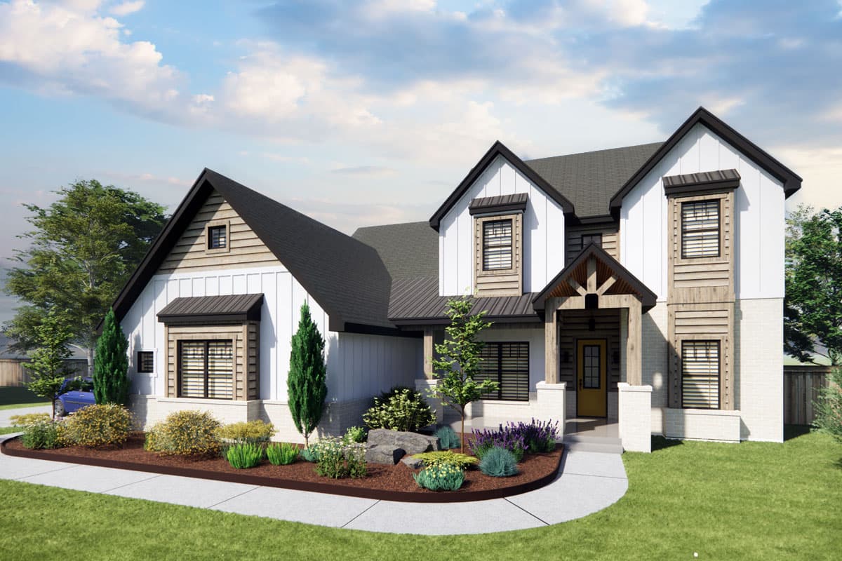 House plan exterior. Two-story Modern Farmhouse with gables, shed roof over entry porch, and board-and-batten siding.