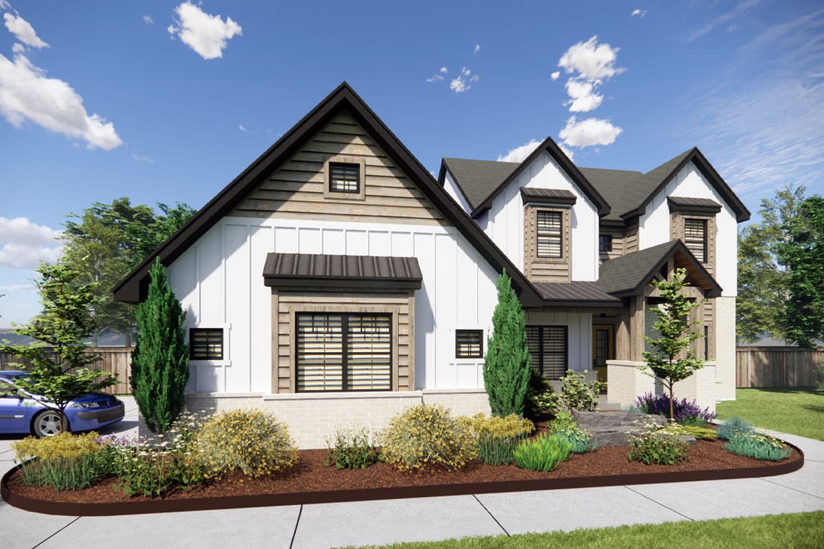 House plan exterior: Modern Farmhouse style, two stories, board and batten siding, gable dormers, metal roof awnings.