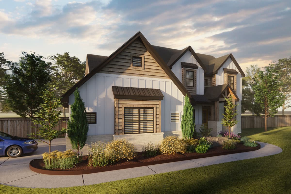 Modern Farmhouse house plan exterior with board-and-batten siding, gables, dormers, and prominent rooflines.