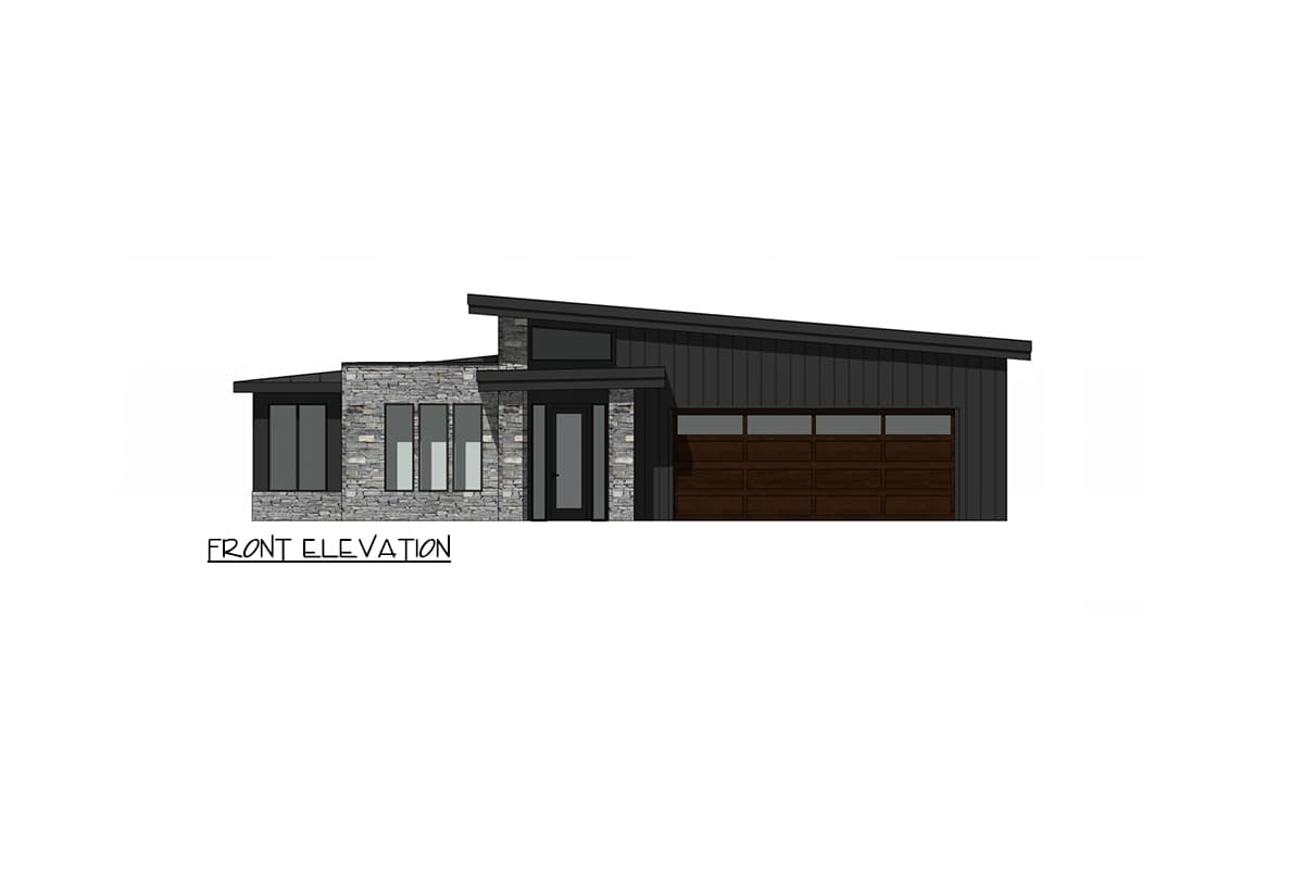Front elevation of a single-story house plan with stone accents, a sloped roof, and a modern garage door.