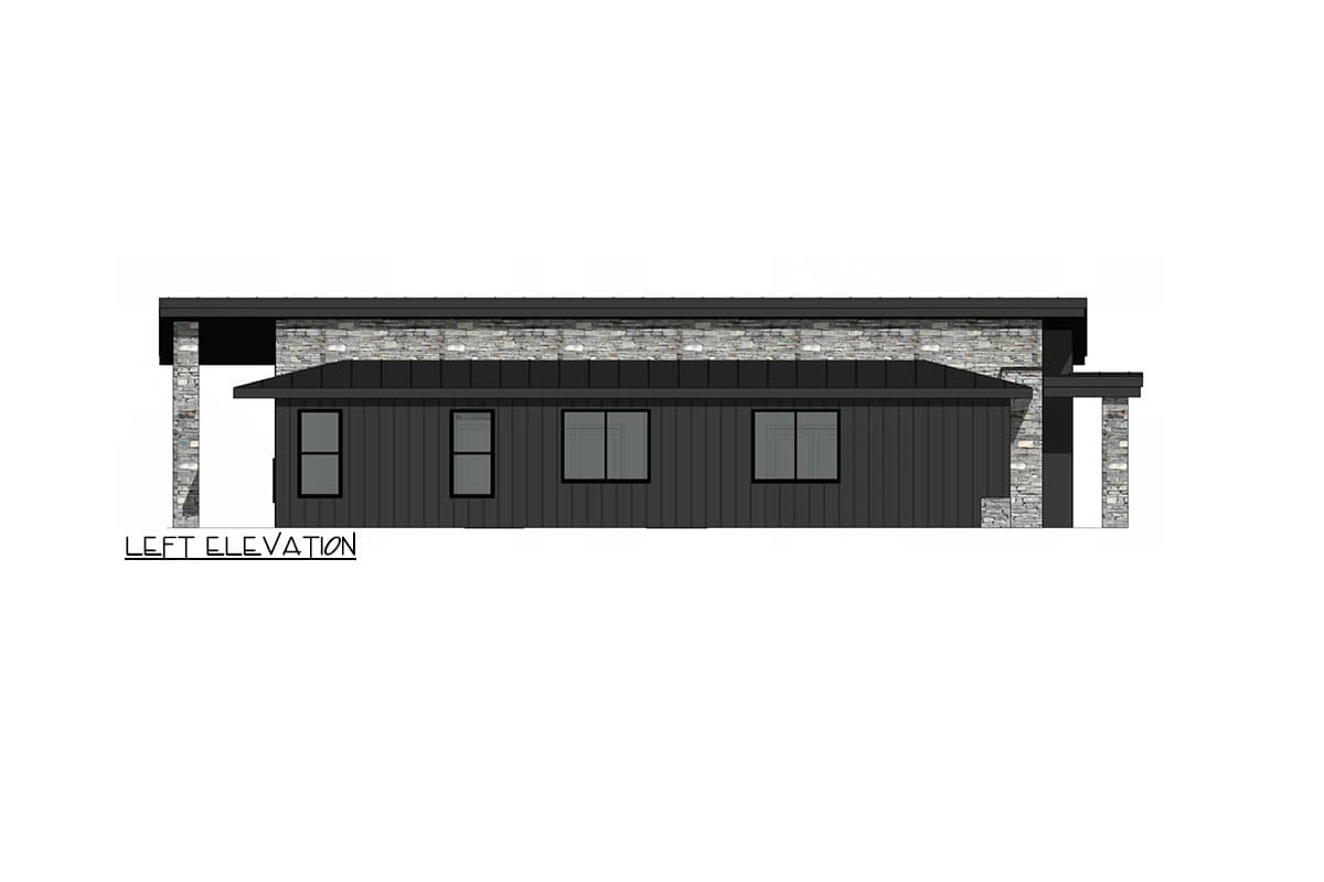 Left elevation drawing of a modern house with dark siding, stone accents, and a flat roof.