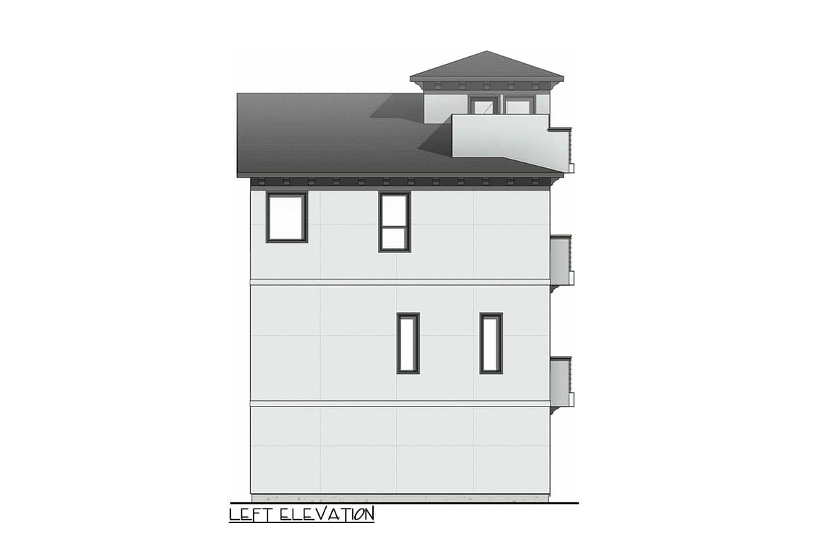 Left elevation drawing of a three-story house plan with multiple windows and balconies, topped by a pitched roof and dormer.