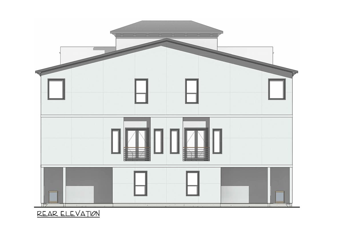 Rear elevation drawing of a modern three-story house plan with balconies and multiple windows.