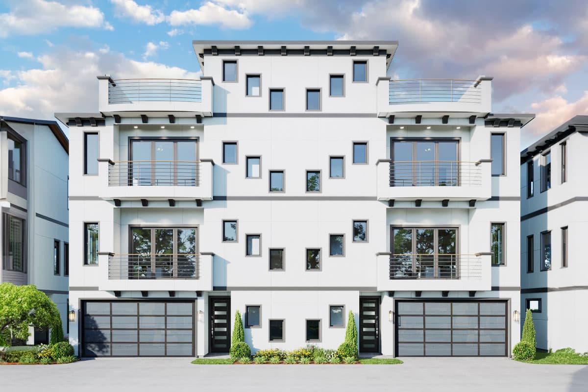 House plan exterior. Modern style, three stories, with balconies, flat roof, and garages. Multiple small windows are visible.
