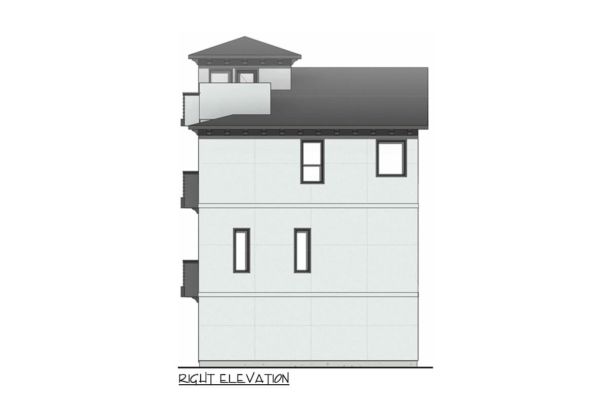 Right elevation drawing of a three-story house plan with balconies, multiple windows, and a hipped roof tower.