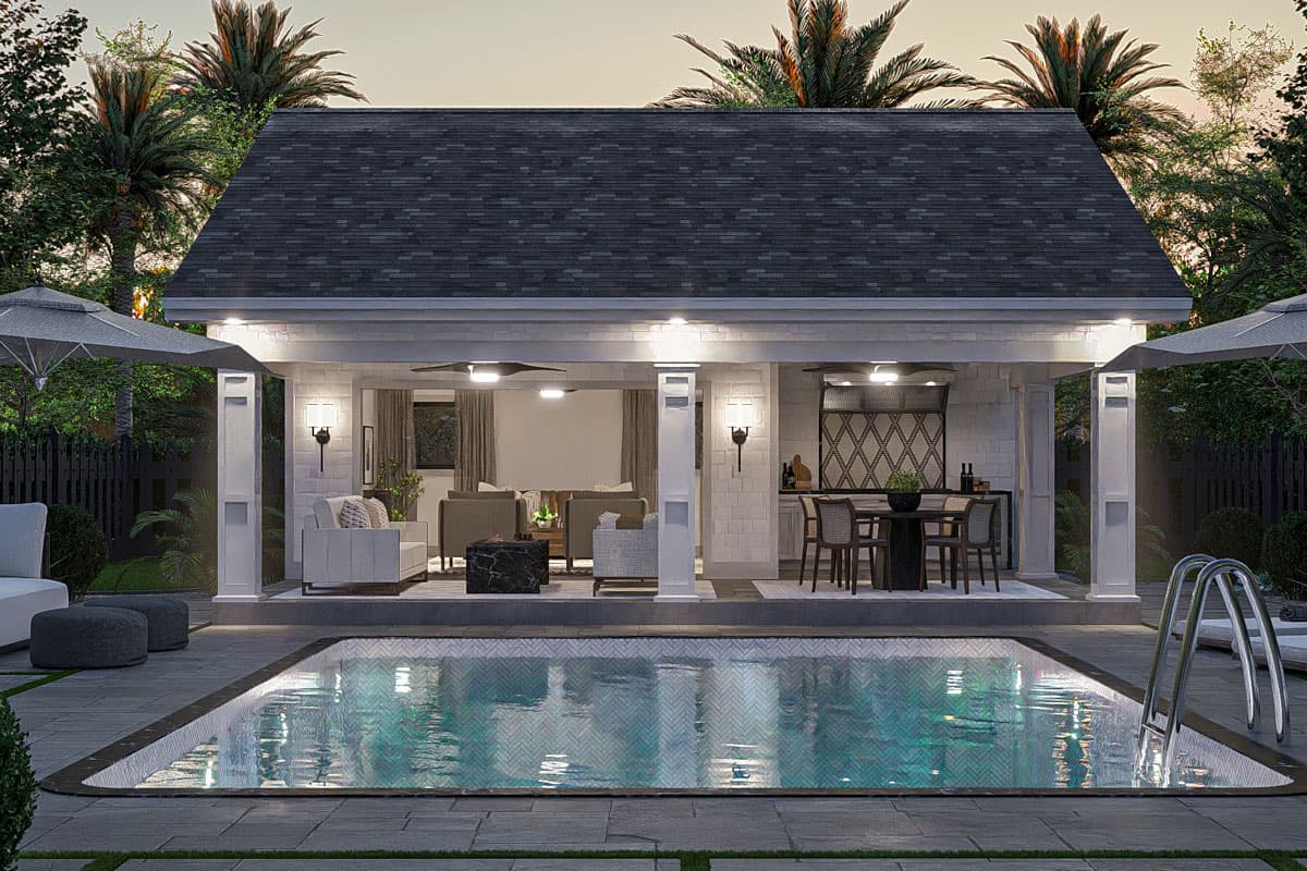 House plan exterior: Modern backyard pavilion with open living and dining areas, an outdoor kitchen, and a swimming pool.