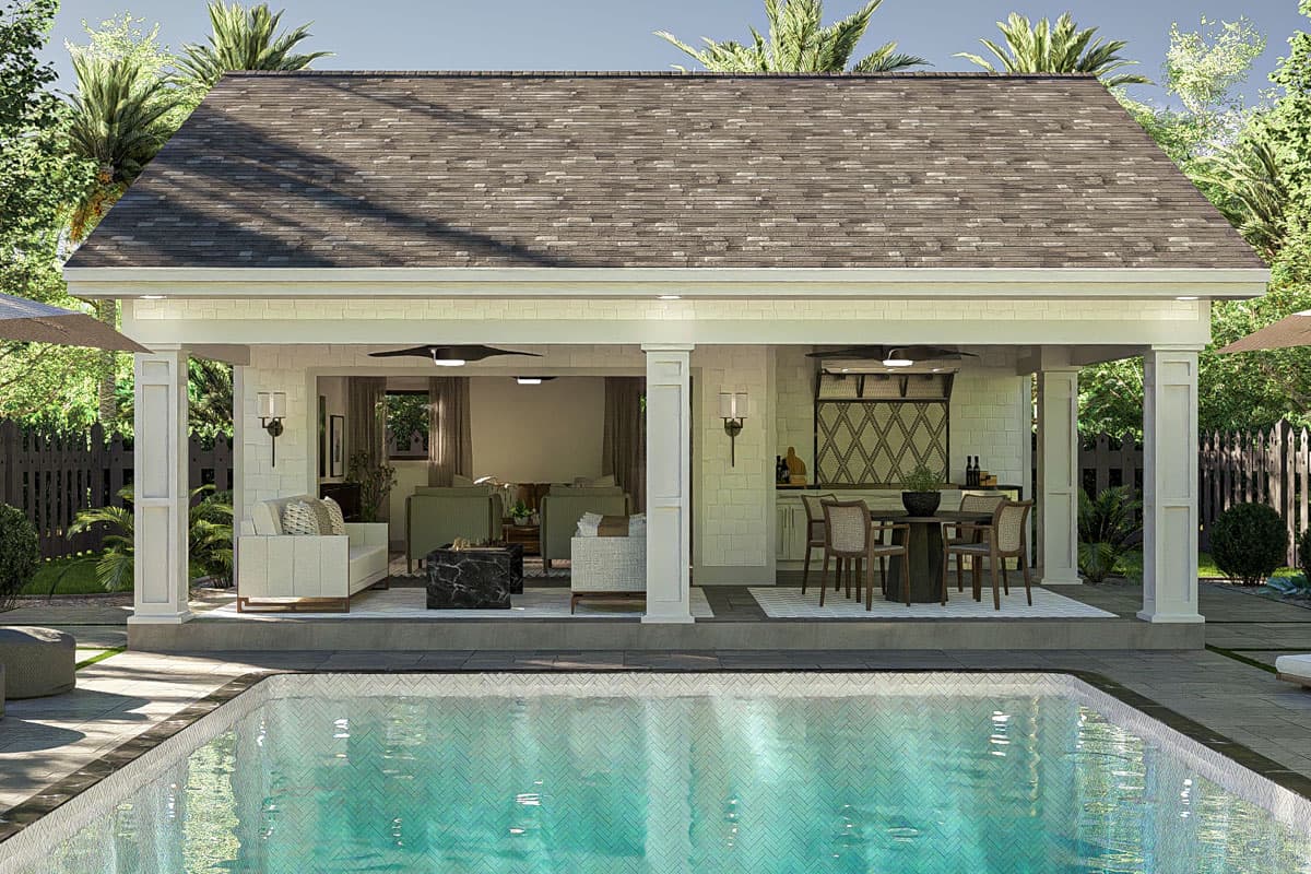 House plan exterior features covered outdoor living space with kitchen and dining areas adjacent to pool.