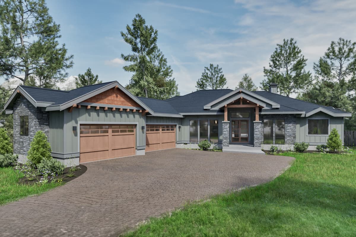 House plan exterior with Craftsman-style elements. Features include a side-entry garage, gabled rooflines, and a covered entry with stone columns.