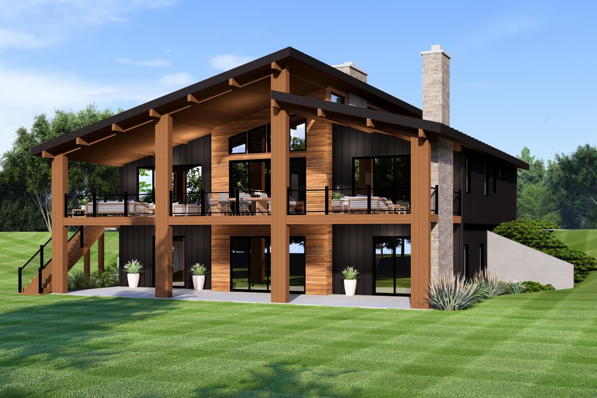 House plan exterior with two stories, a covered porch, wood and black siding, and an exposed rafter tail roofline.