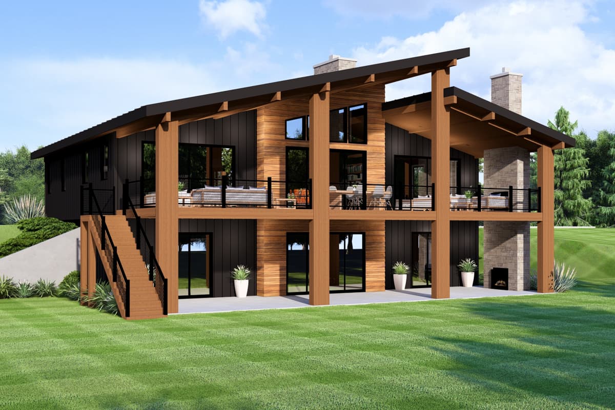 Modern house plan exterior with wood beams, dual-level decks, dark siding, and expansive windows.