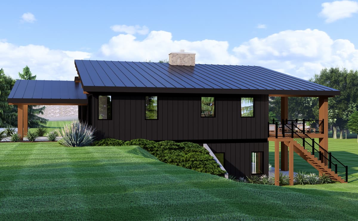 Modern house plan exterior with black vertical siding, metal roof, cantilevered deck, and exposed timber frame carport.